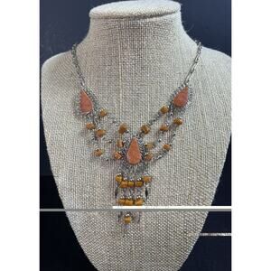 Red Jasper Semiprecious Stone & Alpaca Silver Handmade Necklace From Peru NEW